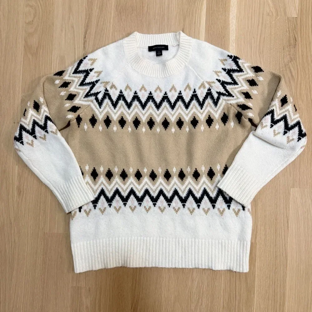 ANN TAYLOR Fair Isle Sweater Ivory Tan Black Wool Blend Size XSmall